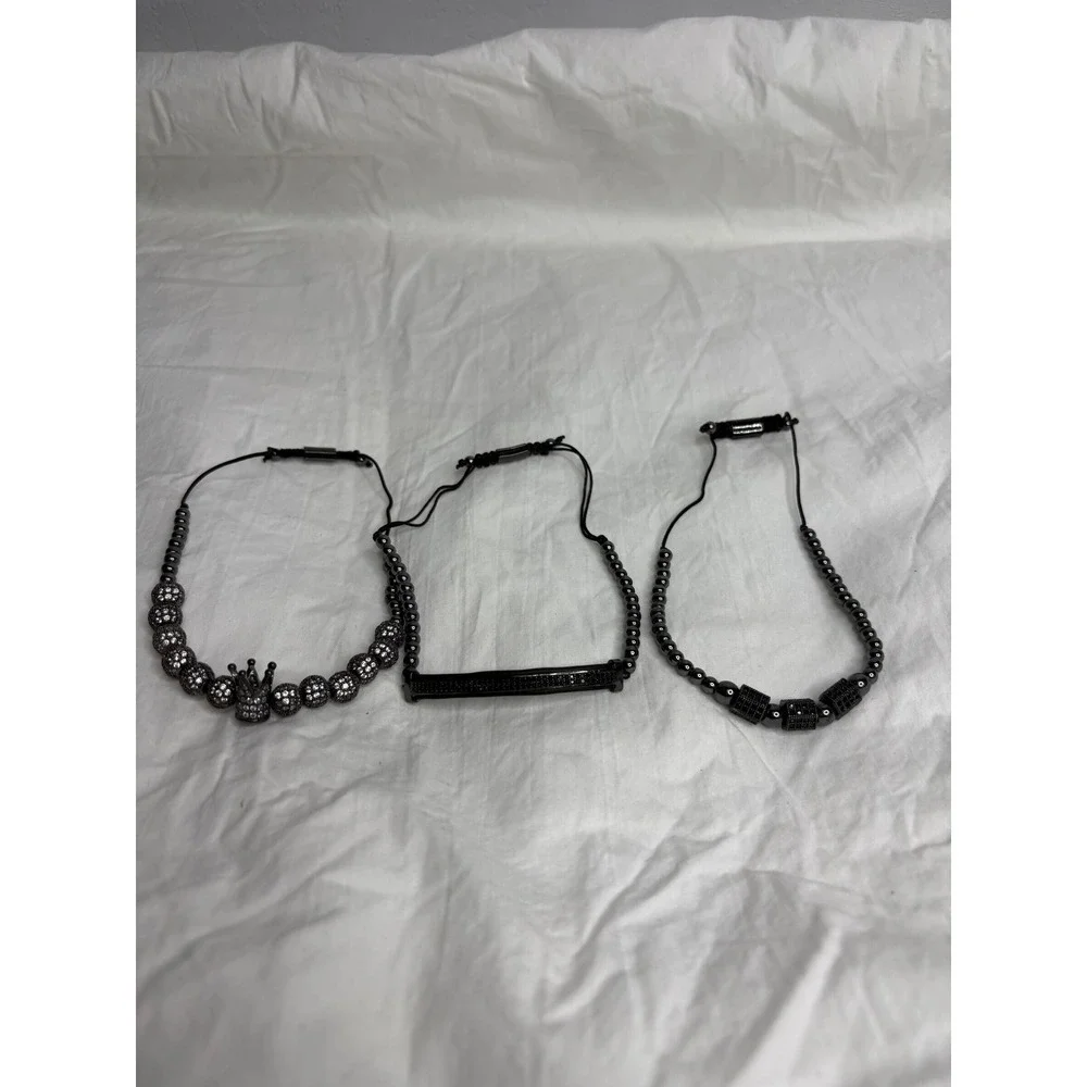 Mens Black Beaded Bracelets Crown Bar Square Accent Set 3